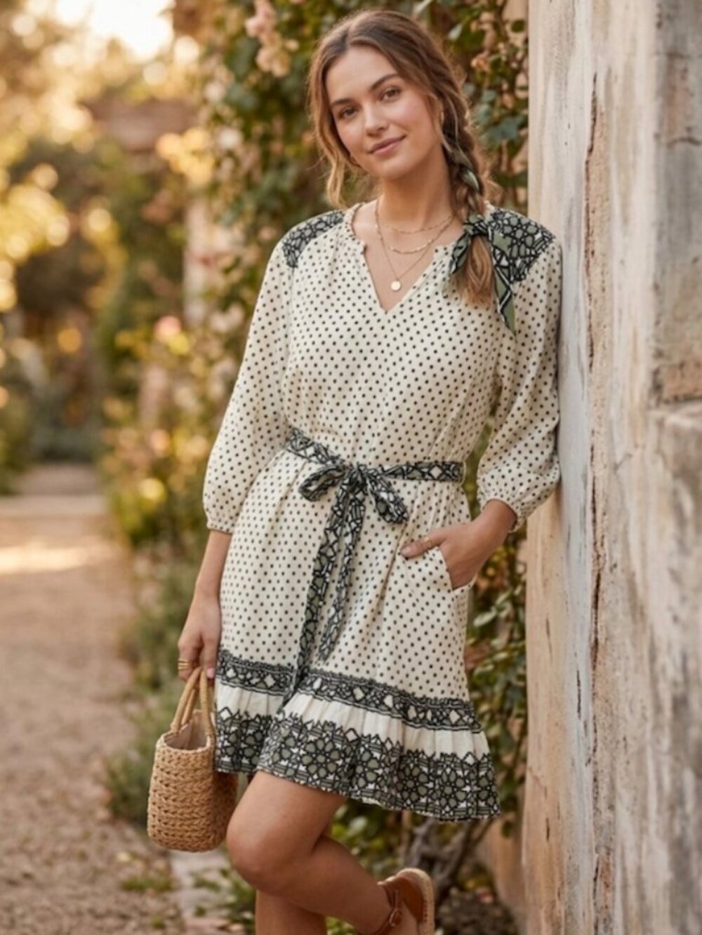 Knox Rose Geometric Print Tie Waist Boho Mini Dress White Green L